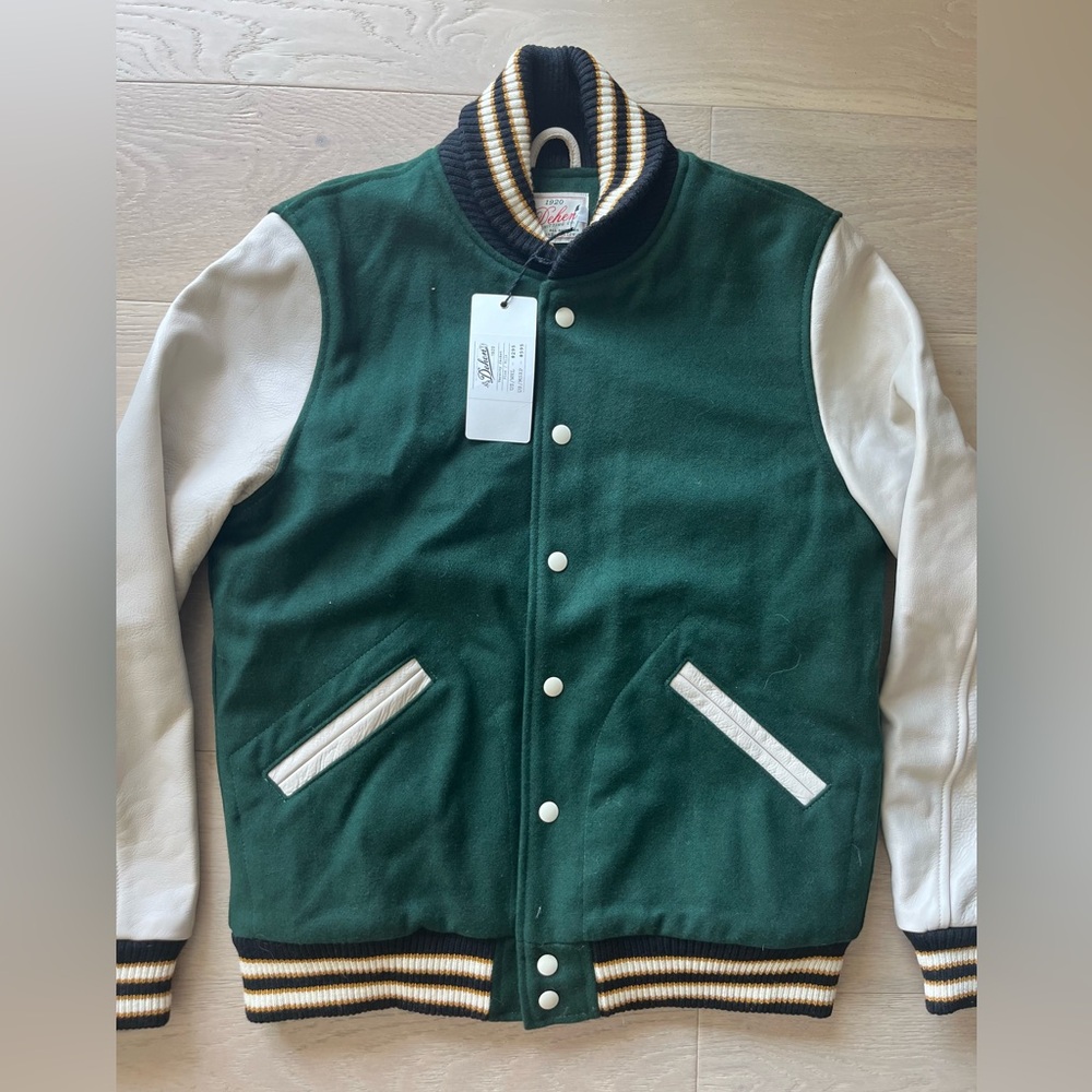Dehen 1920s New Milk and Pine Varsity Jacket